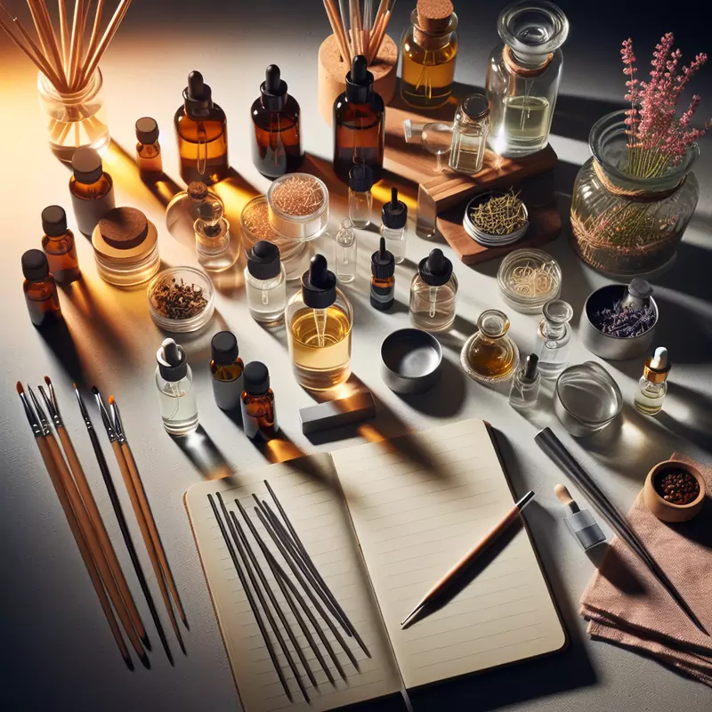 Un kit de fabrication de parfums avec des huiles essentielles, des outils de mélange et un bloc-notes pour la documentation des recettes, mettant l'accent sur l'art de la création personnelle de senteurs.