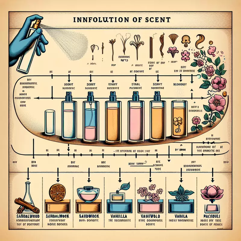 Une chronologie graphique de l'application initiale au séchage, montrant la longévité des notes de base avec des icônes de bois de santal, de vanille et de patchouli pour ancrer la fin.