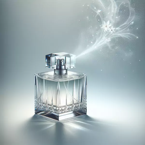 A sleek glass perfume bottle with a spritz of fragrance