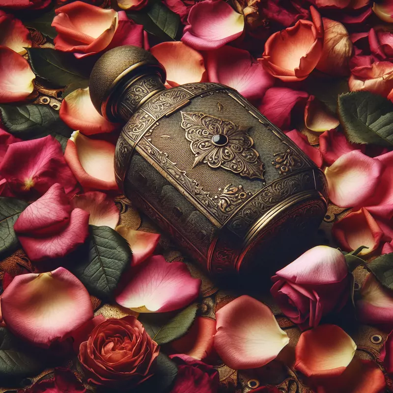 Un ancien flacon de parfum au milieu de pétales de roses éparpillés, représentant la riche histoire de la parfumerie.